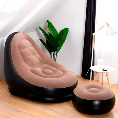 Sillón inflable Ultra-Confort + Reposapiés: Tu Nuevo Rincón de Relajación en Minutos