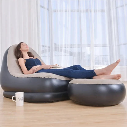 Sillón inflable Ultra-Confort + Reposapiés: Tu Nuevo Rincón de Relajación en Minutos