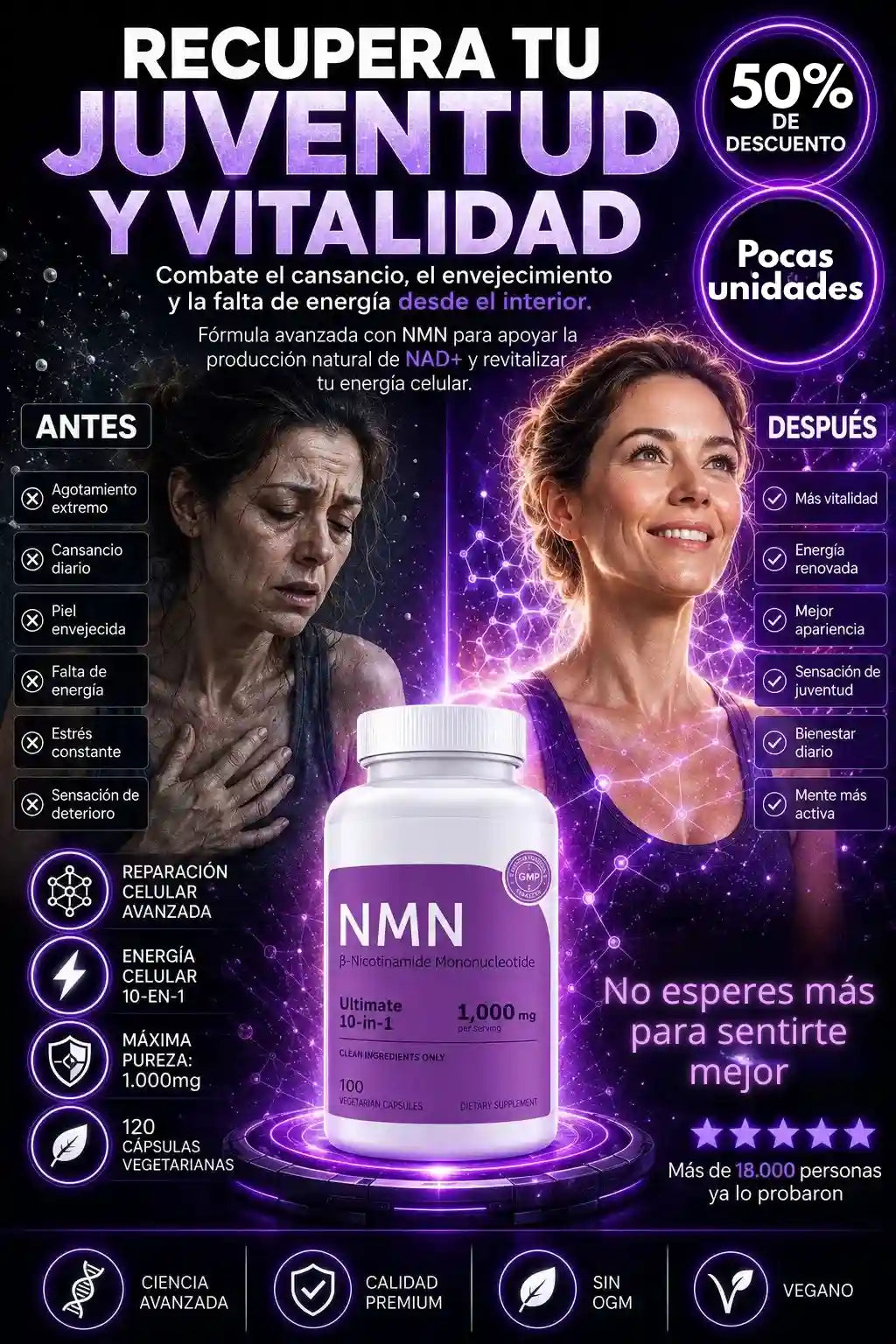 NMN Complex - Apoya Energía Celular y Vitalidad Juvenil 500mg (60 Cápsulas)