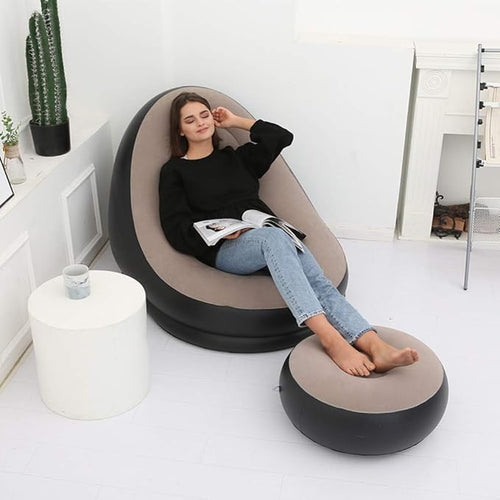 Sillón inflable Ultra-Confort + Reposapiés: Tu Nuevo Rincón de Relajación en Minutos