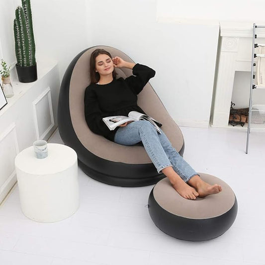 Sillón inflable Ultra-Confort + Reposapiés: Tu Nuevo Rincón de Relajación en Minutos