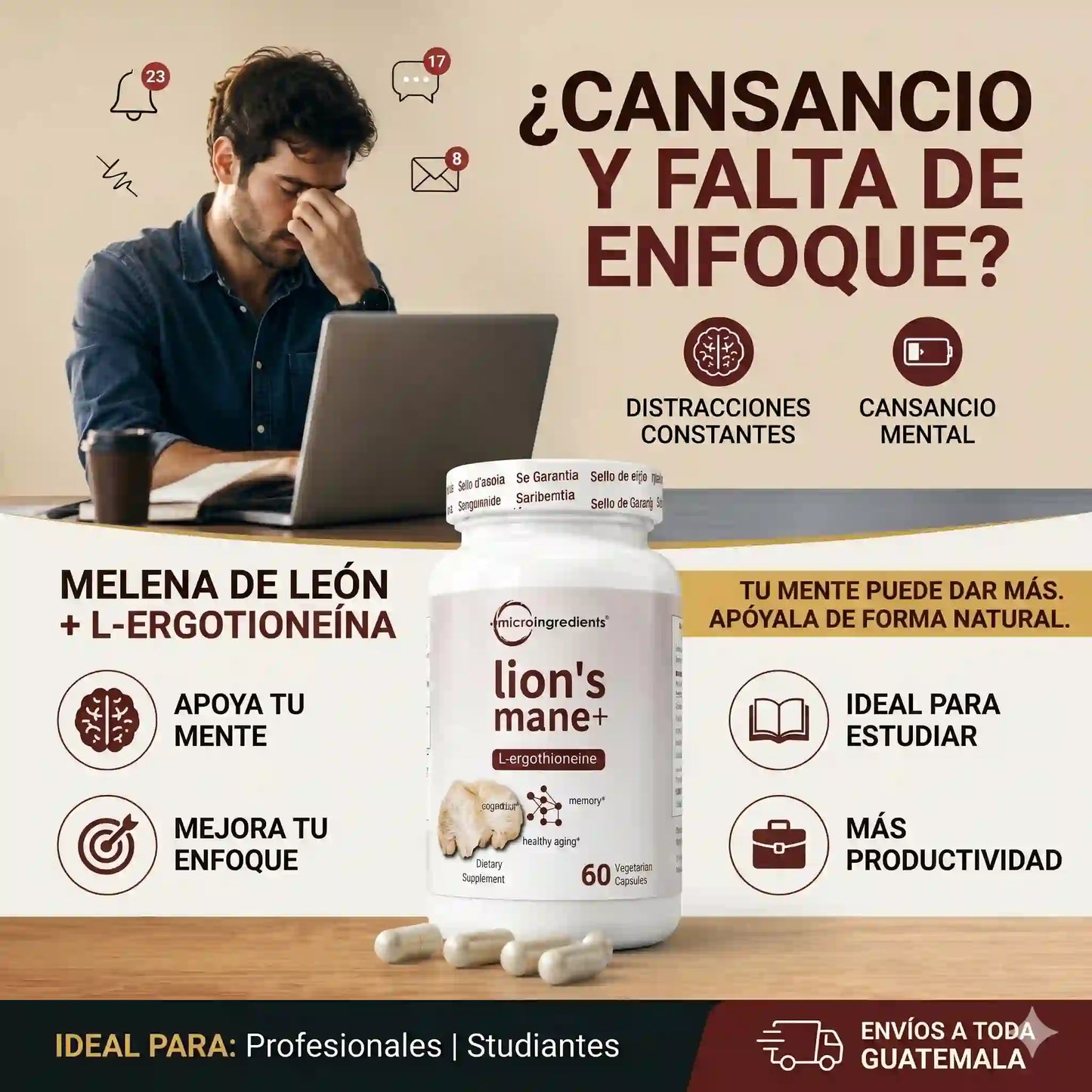 Melena de León 2000mg + L-Ergotioneína — Apoya Concentración y Memoria Mental (240 Cápsulas · 4 Meses)
