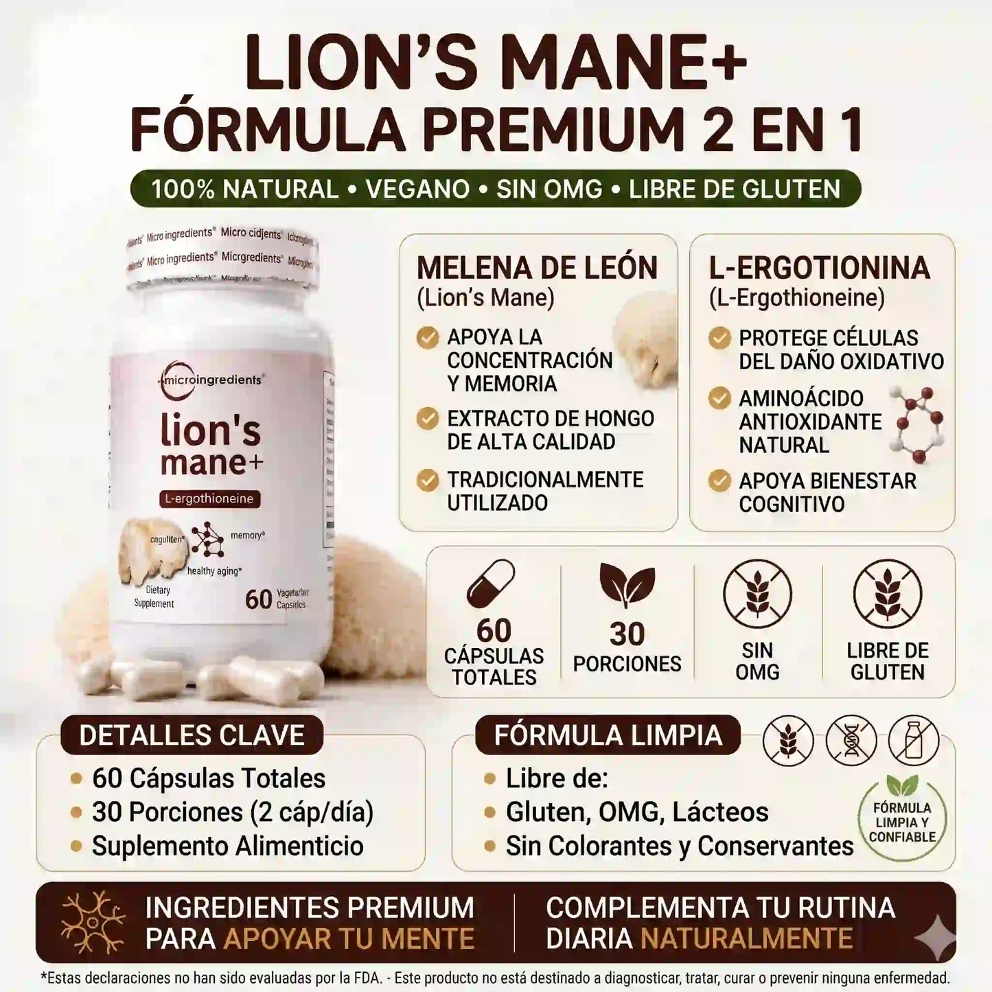 Melena de León 2000mg + L-Ergotioneína — Apoya Concentración y Memoria Mental (240 Cápsulas · 4 Meses)