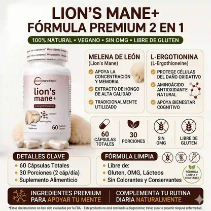 Melena de León 2000mg + L-Ergotioneína — Apoya Concentración y Memoria Mental (240 Cápsulas · 4 Meses)
