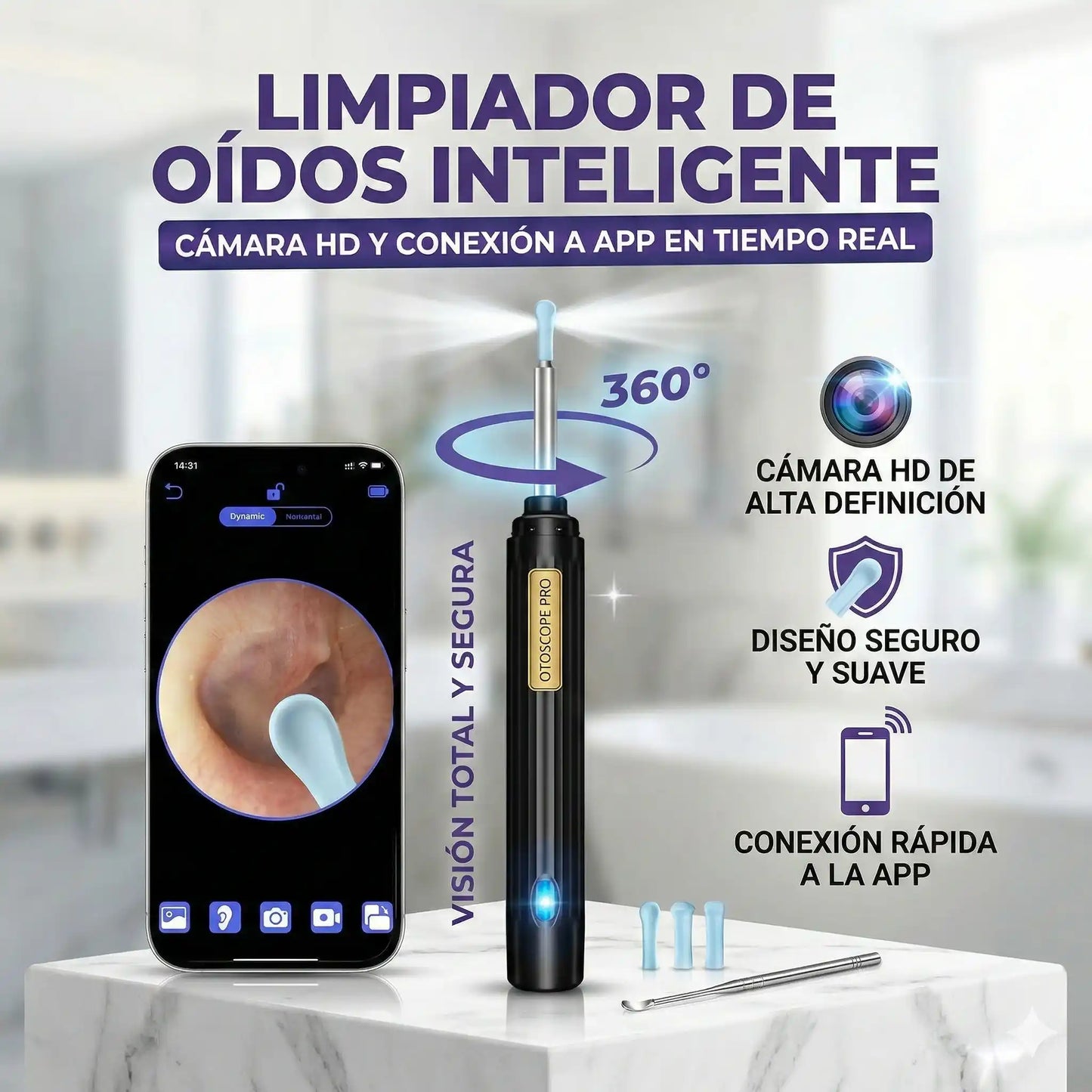 Limpiador de Oídos Inteligente con Cámara HD: Higiene Segura y Precisa en Casa.
