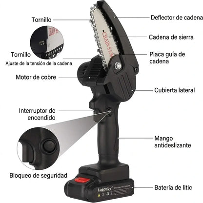 Mini Motosierra Inalámbrica de 6" con Doble Batería: Poda y Corta Madera Sin Esfuerzo Ni Complicaciones.