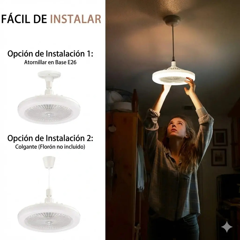 Ventilador Lámpara LED 2 en 1: Aire Fresco y Luz Potente que se Instala como una Bombilla
