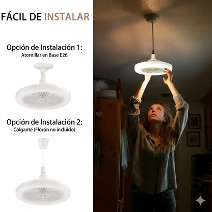 Ventilador Lámpara LED 2 en 1: Aire Fresco y Luz Potente que se Instala como una Bombilla